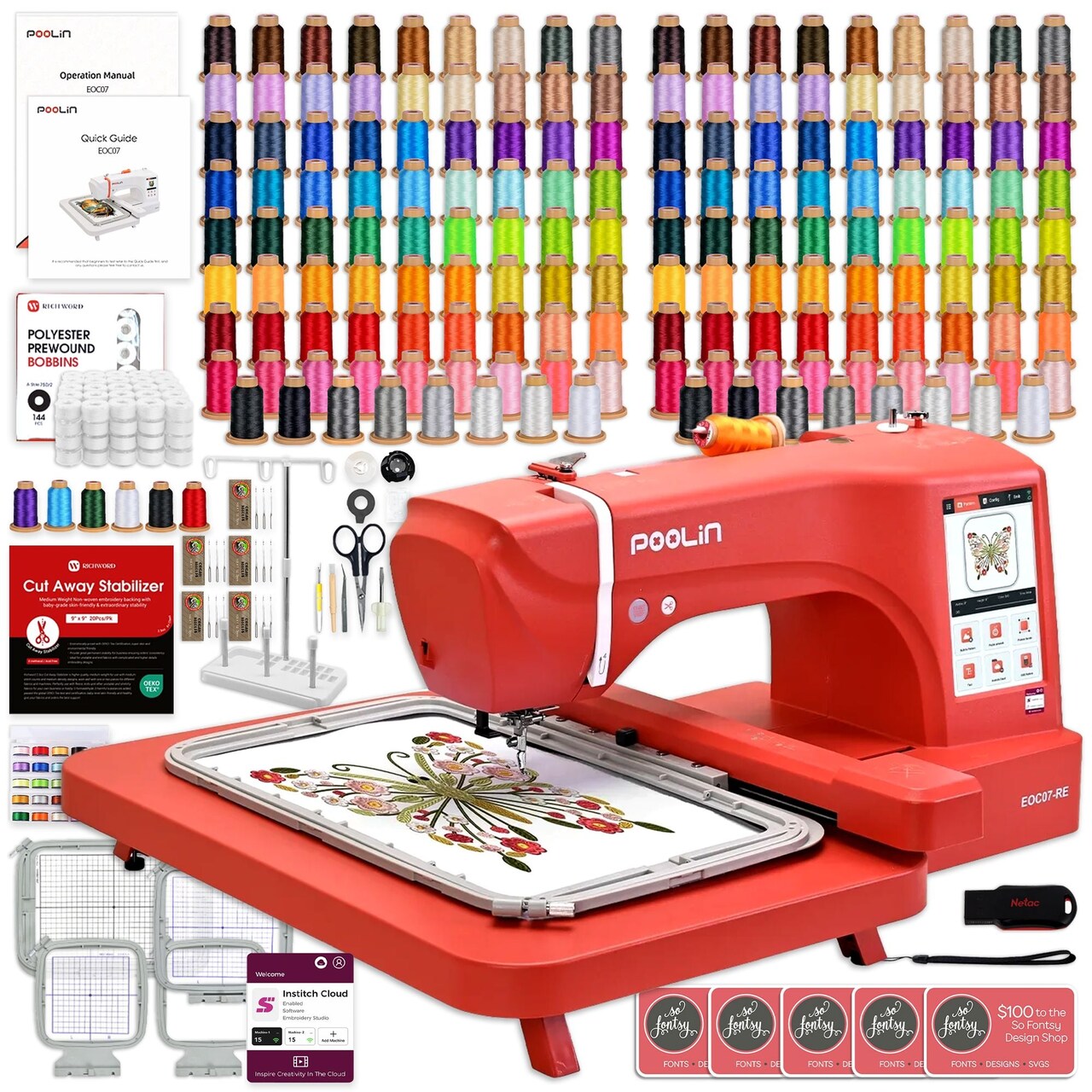 POOLIN EOC07 7.9in x 15in Embroidery Machine with 166 Embroidery Spools - Red